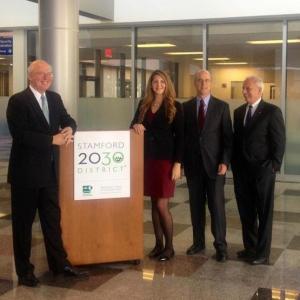 Megan Saunder, executive director of Stamford 2030 (second from left) is joined by Don Strait, president of CFE (third from left) and other founding partners at the launch. Photo credit Laura McMillan. 