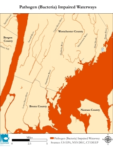 This map depicts the extent of bacterial impairments in and around Westchester coastal waters and rivers.