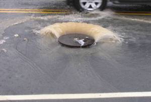 Stormwater manhole (credit Chris Zurcher) during an overflow event and afterwards.