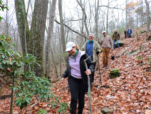 Staff, board, and volunteers from Save the River - Save the Hill, Friends of Oswegatchie Hills Nature Preserve, and CFE/Save the Sound hike the nature preserve in Fall 2015. Photo: Laura McMillan